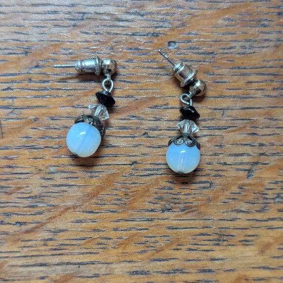 Moonstone Earrings Blue Rainbow Glass Bead Dangle Dainty Art Deco Victorian - Picture 3 of 6